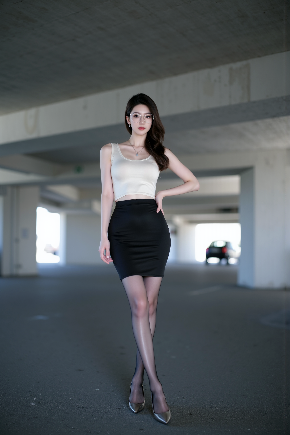 职场通勤裙装搭配黑丝细高跟
